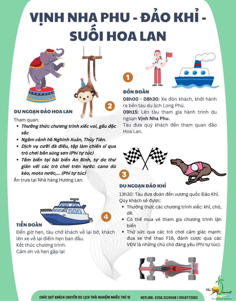 Chi tiết lịch trình tour du ngoạn vịnh Nha Phu - Đảo Khỉ - Suối Hoa Lan