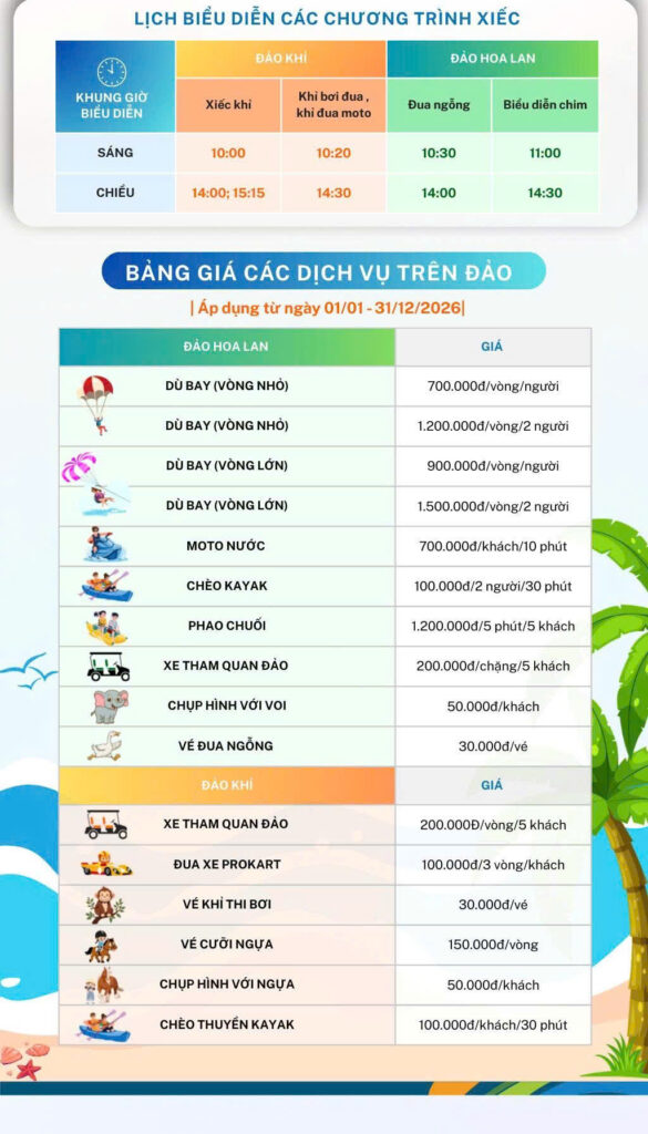 Lịch biểu diễn các chương trình xiếc và các dịch vụ trên đảo Nha Phu