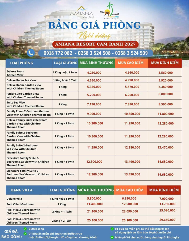 Bảng giá đặt phòng nghỉ dưỡng Amiana Resort Cam Ranh 2027