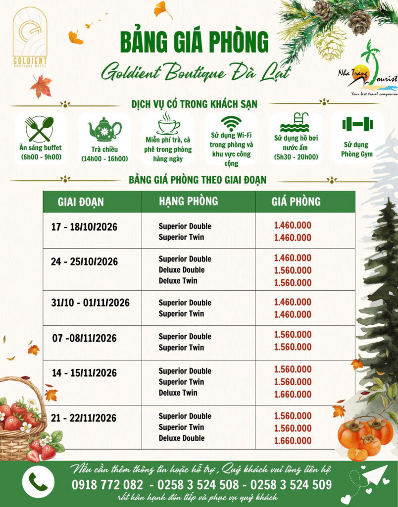 Bảng giá phòng Goldient Boutique Hotel Đà Lạt 