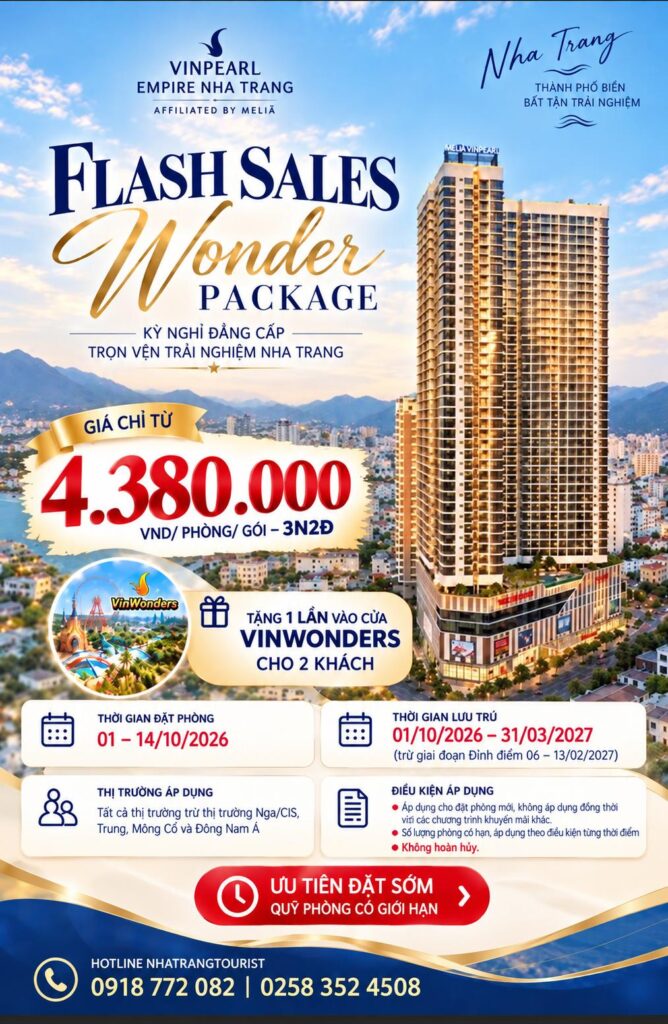Combo nghỉ dưỡng 3N2Đ tại Vinpearl Empire Nha Trang, Affiliated by Meliá + Vé vui chơi VinWonders 21 combo 3n2d vinpearl empire nha trang affiliated by melia